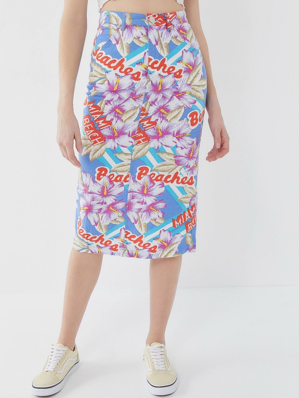 Urban Outfitters Linen Midi Skirt Tropical Floral Beach Hawaii Coconut Girl Y2K